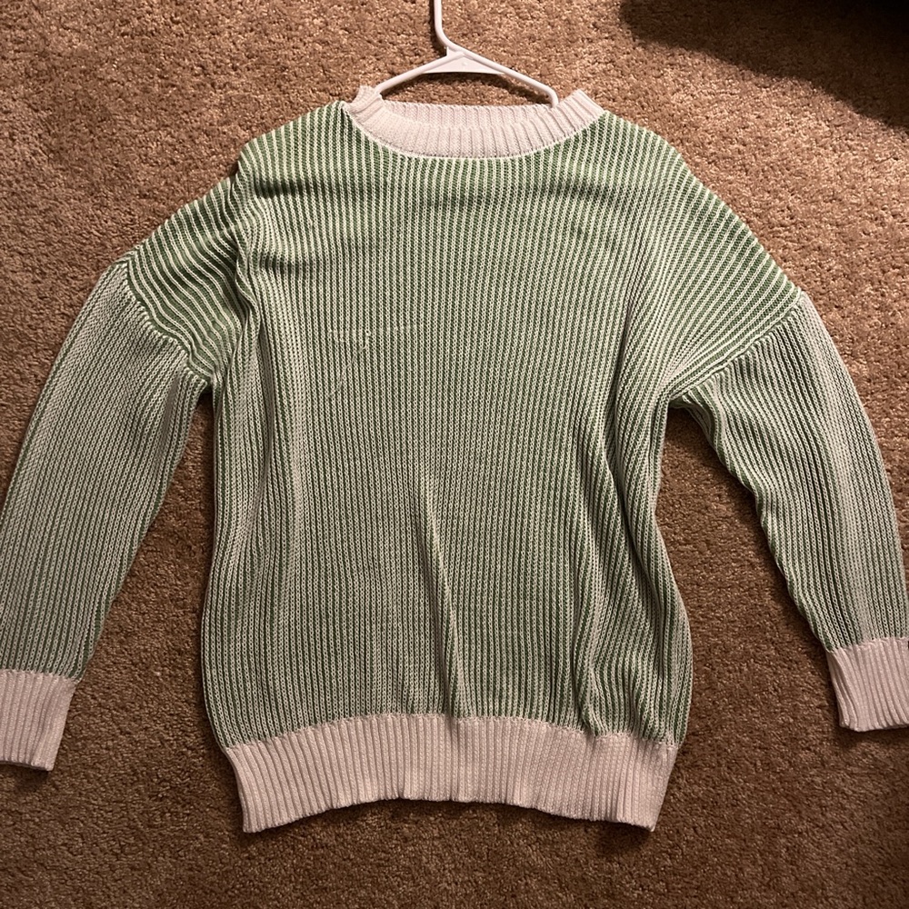 SHEIN Green and Cream Ribbed Crew Neck Sweater